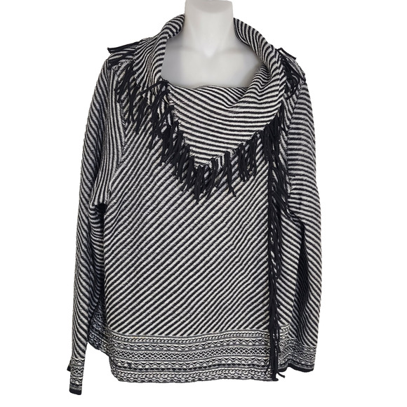 Chicos Cardigan Wrap Open Ski Trails Demi Jacquard Black Fringe Size 3 US XL - Picture 1 of 15